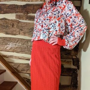 Vtg Two Piece Red Skirt + Matching Floral Blouse